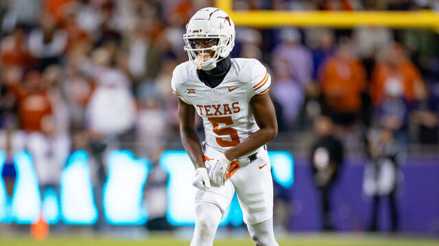 FORT WORTH, TX - NOVEMBER 11: Texas Longhorns wide receiver Adonai Mitchell (5) gets lined up during a game between the Texas Longhorns and TCU Horned Frogs college football game on November 11, 2023 at Amon G. Carter Stadium in Fort Worth, TX.