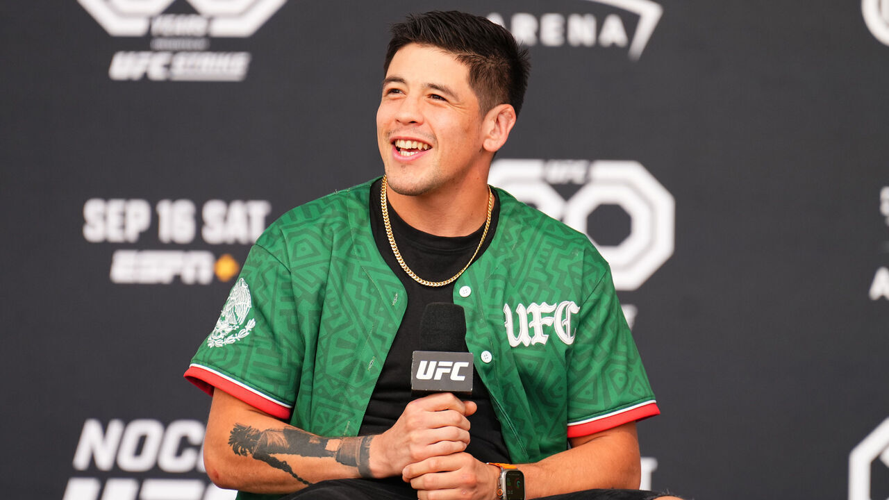 LAS VEGAS, NEVADA - SEPTEMBER 15: Brandon Moreno participates in a Q&A session prior to the Noche UFC ceremonial weigh-in at Toshiba Plaza outside T-Mobile Arena on September 15, 2023 in Las Vegas, Nevada.