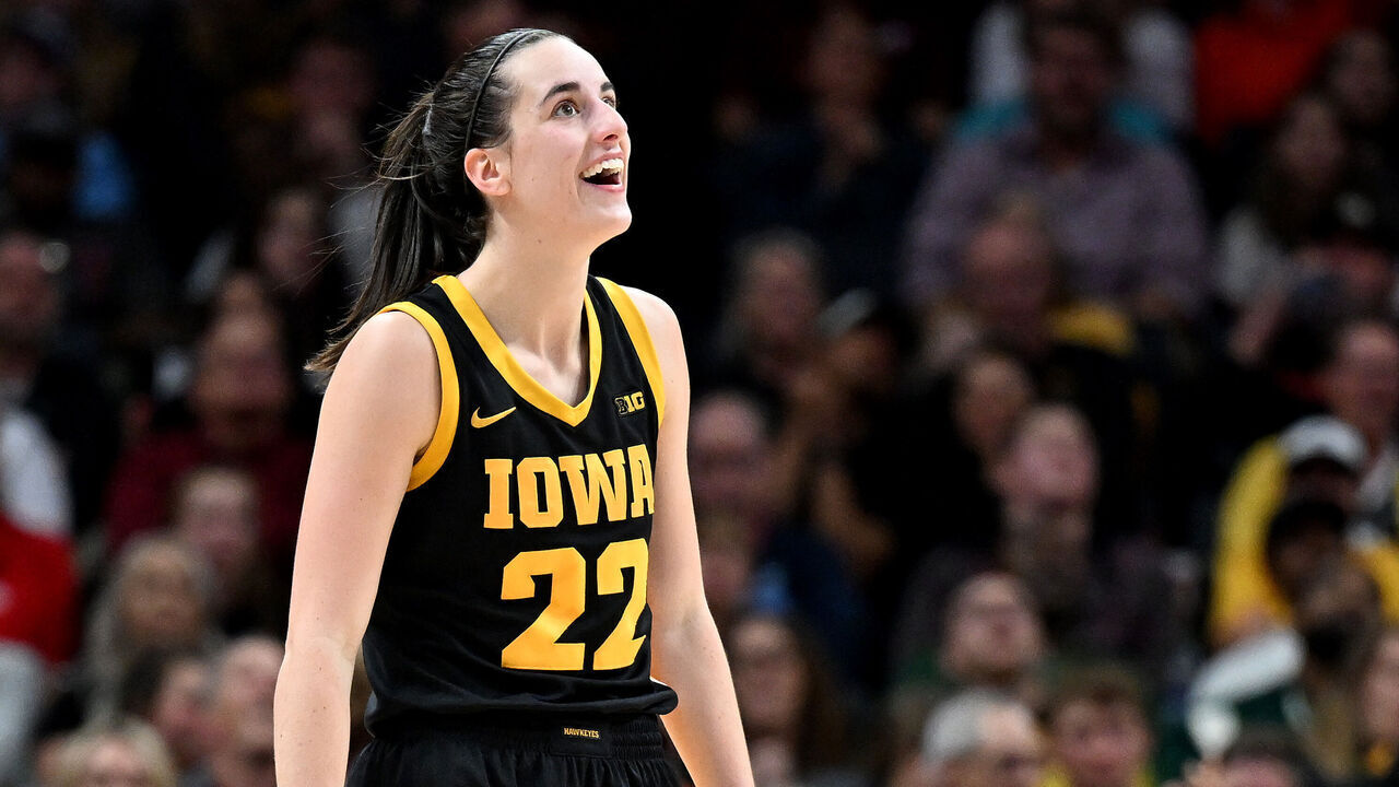 CHARLOTTE, NORTH CAROLINA - NOVEMBER 09: Caitlin Clark #22 of the Iowa Hawkeyes reacts to a call during the game against the Virginia Tech Hokies at Spectrum Center on November 09, 2023 in Charlotte, North Carolina.