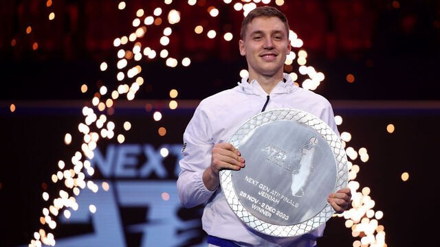 JEDDAH, SAUDI ARABIA - DECEMBER 02: Hamad Medjedovic of Serbia poses for a photo with the Next Gen ATP Finals Trophy after winning the final against Arthur Fils of France during day five of the Next Gen ATP Finals at King Abdullah Sports City on December 02, 2023 in Jeddah, Saudi Arabia.