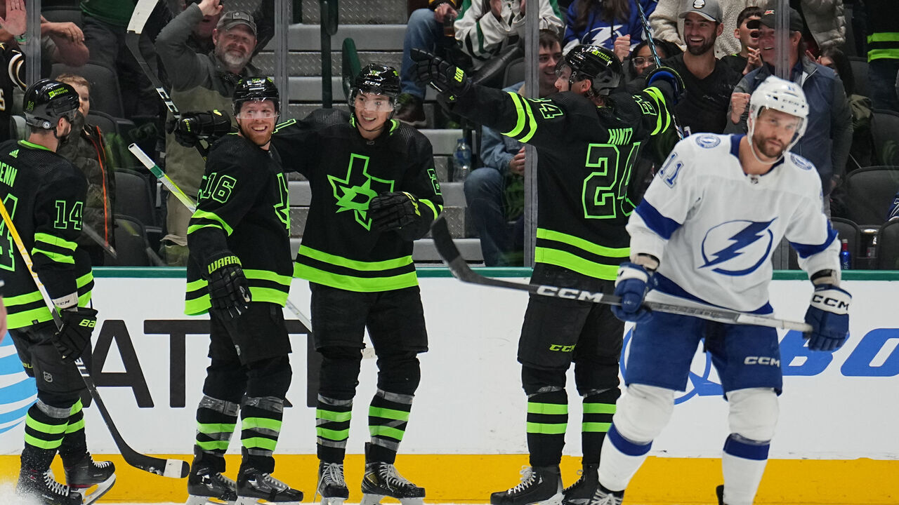 DALLAS, TX - DECEMBER 2: Joe Pavelski #16 and the Dallas Stars celebrate a goal against the Tampa Bay Lightning at the American Airlines Center on December 2, 2023 in Dallas, Texas.