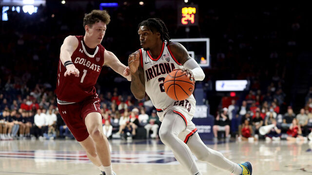 TUCSON, AZ - DECEMBER 02: Arizona Wildcats guard Caleb Love #2 during the first half of a men's basketball game between the Colgate Raiders and the University of Arizona Wildcats on December 2, 2023 at McKale Center in Tucson, AZ.