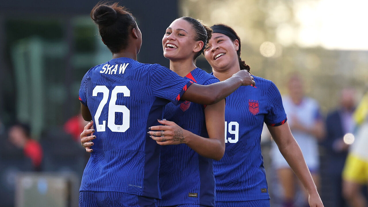 FORT LAUDERDALE, FLORIDA - DECEMBER 02: Trinity Rodman #8 of the United States celebrates scoring with Jaedyn Shaw #26 during the second half of an international friendly against China PR at DRV PNK Stadium on December 02, 2023 in Fort Lauderdale, Florida.