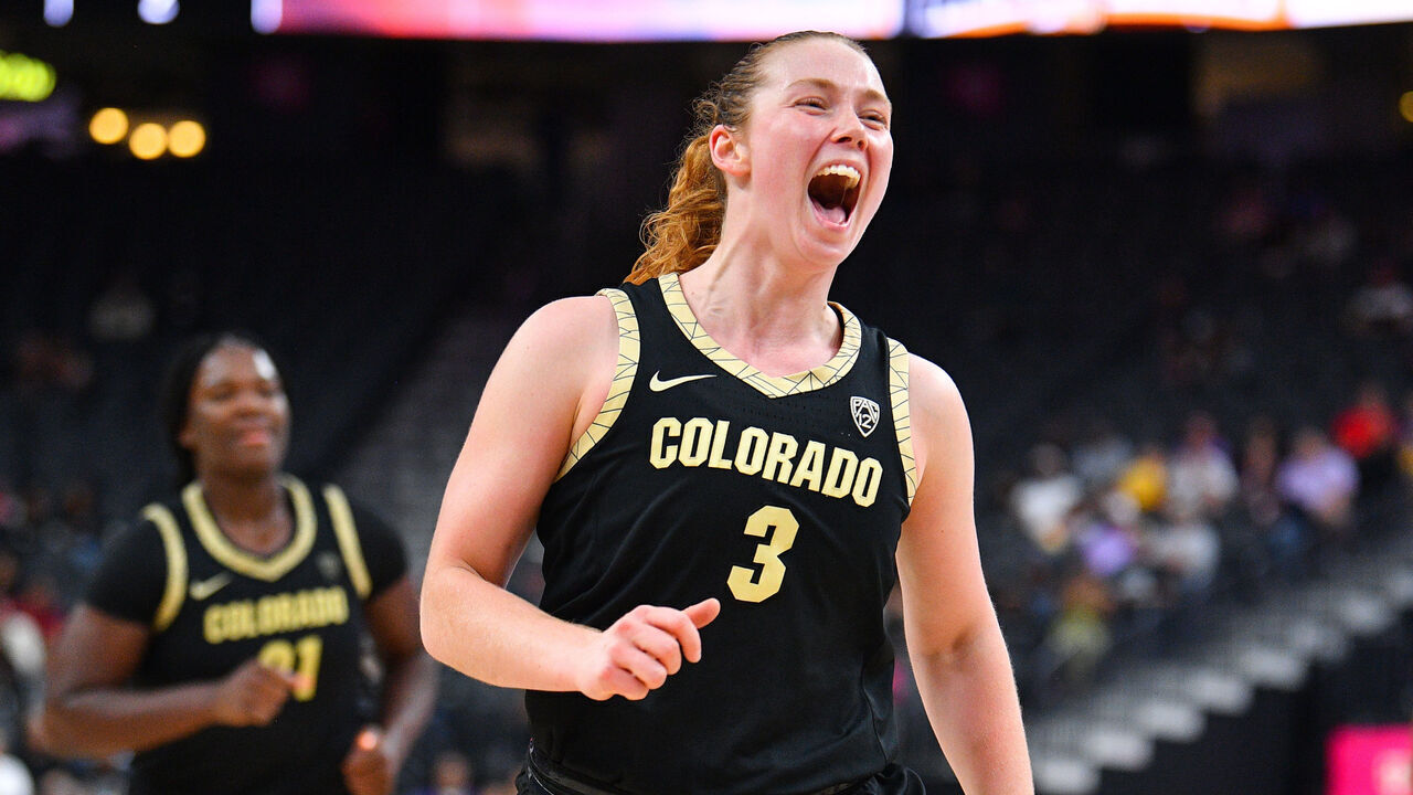 LAS VEGAS, NV - NOVEMBER 06: Colorado Buffaloes guard Frida Formann (3) celebrates during the Hall of Fame Series, a women's college basketball game between the LSU Tigers and the Colorado Buffaloes on November 6, 2023 at T-Mobile Arena in Las Vegas, NV.
