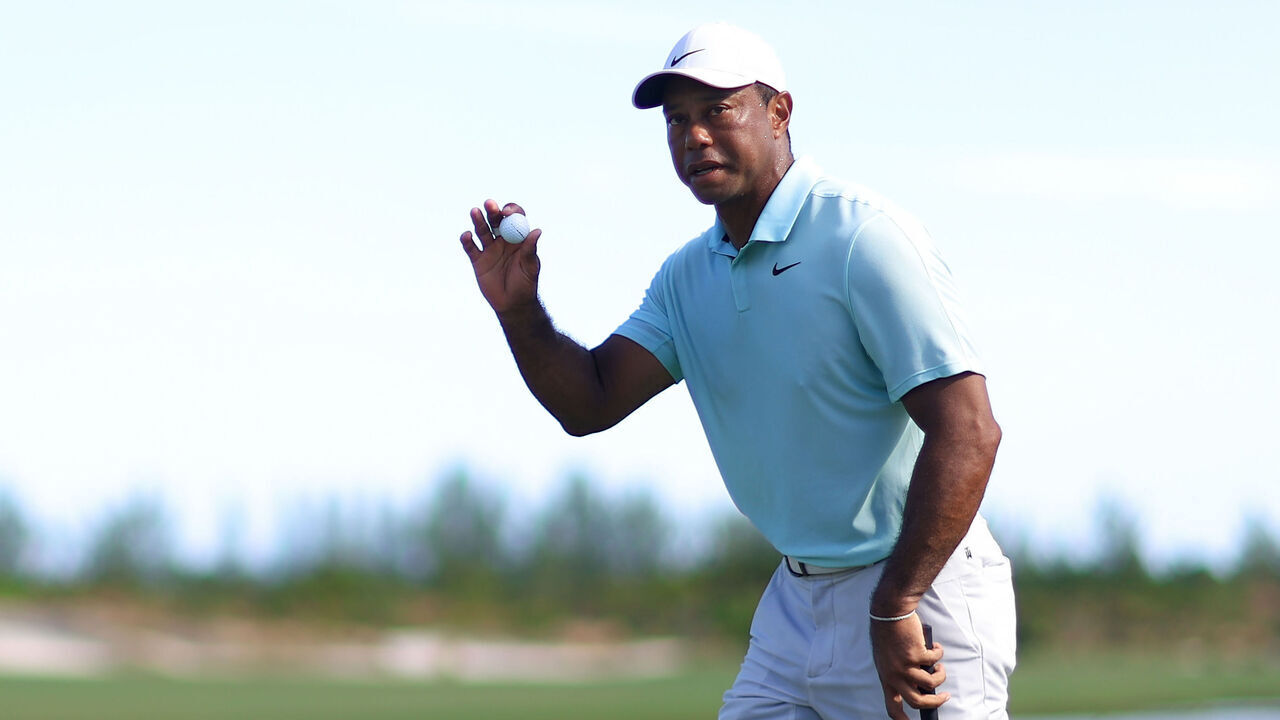 NASSAU, BAHAMAS - DECEMBER 02: Tiger Woods of the United States reacts on the ninth green during the third round of the Hero World Challenge at Albany Golf Course on December 02, 2023 in Nassau, Bahamas.