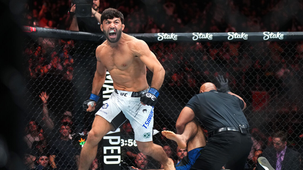 AUSTIN, TEXAS - DECEMBER 02: Arman Tsarukyan of Georgia reacts after his KO victory over Beneil Dariush of Iran in a lightweight fight during the UFC Fight Night event at Moody Center on December 02, 2023 in Austin, Texas.