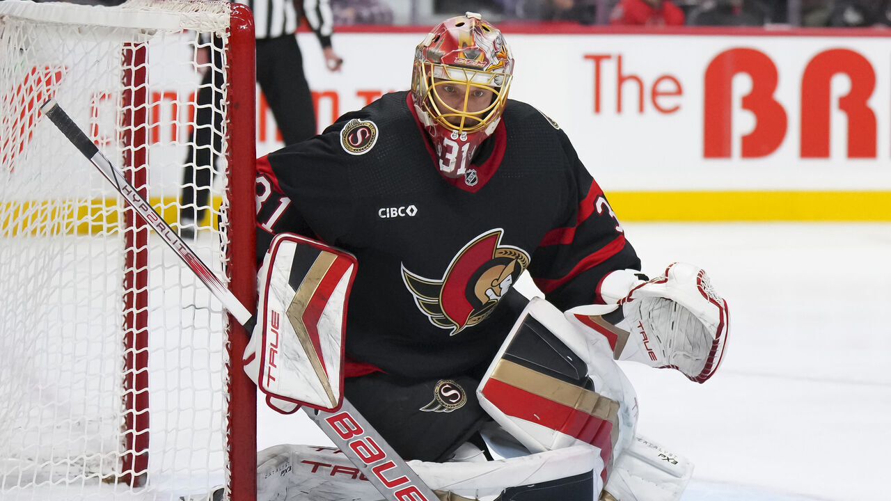 OTTAWA, CANADA - DECEMBER 2: Anton Forsberg #31 of the Ottawa Senators tends net against the Seattle Kraken during the second period at Canadian Tire Centre on December 2, 2023 in Ottawa, Ontario, Canada.