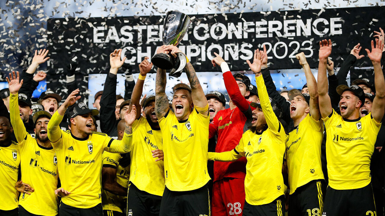 CINCINNATI, OH - DECEMBER 02: Columbus Crew players celebrate after winning the eastern conference final match against FC Cincinnati on December 2, 2023, at TQL Stadium in Cincinnati, OH.