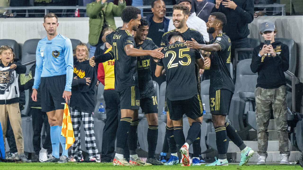LOS ANGELES, CA - DECEMBER 2: Ryan Hollingshead #24 of Los Angeles FC celebrates his goal during the first half of the MLS Western Conference Final match against Houston Dynamo at BMO Stadium on December 2, 2023 in Los Angeles, California. Los Angeles FC