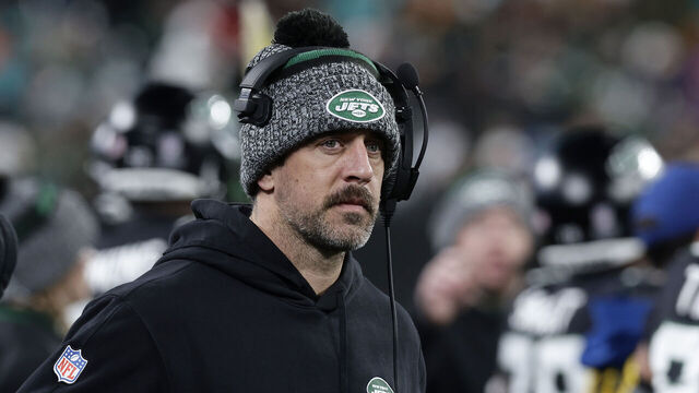 EAST RUTHERFORD, NEW JERSEY - NOVEMBER 24: (NEW YORK DAILIES OUT) Aaron Rodgers #8 of the New York Jets looks on against the Miami Dolphins at MetLife Stadium on November 24, 2023 in East Rutherford, New Jersey. The Dolphins defeated the Jets 34-13.