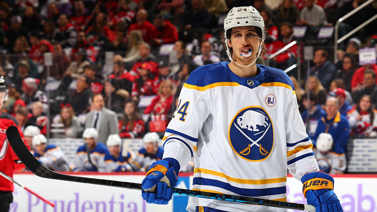 NEWARK, NJ - NOVEMBER 25: Dylan Cozens #24 of the Buffalo Sabres skates in the first period of the game against the New Jersey Devils at the Prudential Center on November 25, 2023 in Newark, New Jersey.