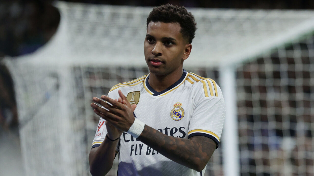 MADRID, SPAIN - DECEMBER 02: Rodrygo Goes of Real Madrid CF acknowledges the audience during the LaLiga EA Sports match between Real Madrid CF and Granada CF at Estadio Santiago Bernabeu on December 02, 2023 in Madrid, Spain.