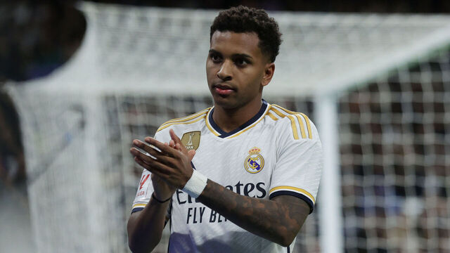 MADRID, SPAIN - DECEMBER 02: Rodrygo Goes of Real Madrid CF acknowledges the audience during the LaLiga EA Sports match between Real Madrid CF and Granada CF at Estadio Santiago Bernabeu on December 02, 2023 in Madrid, Spain.