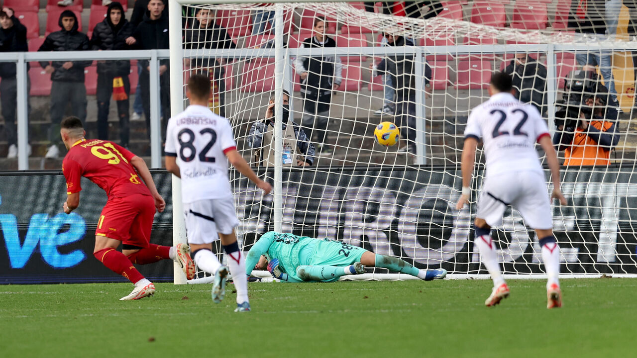 LECCE, ITALY - DECEMBER 03: Roberto Piccoli of Lecce scores his team's first goal during the Serie A TIM match between US Lecce and Bologna FC at Stadio Via del Mare on December 03, 2023 in Lecce, Italy.