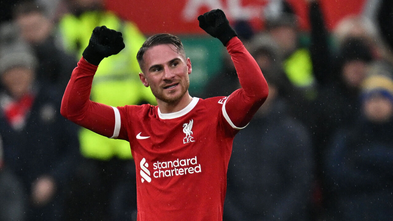 Liverpool's Argentinian midfielder #10 Alexis Mac Allister celebrates after scoring their second goal during the English Premier League football match between Liverpool and Fulham at Anfield in Liverpool, northwest England, on December 3, 2023.