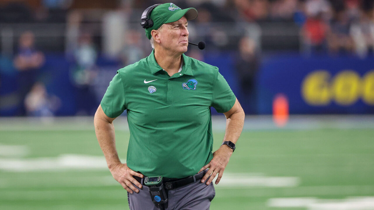 ARLINGTON, TX - JANUARY 02: Tulane Green Wave head coach Willie Fritz looks on during the Goodyear Cotton Bowl between the Tulane Green Wave and the USC Trojans on January 2, 2023 at AT&T Stadium in Arlington, TX.