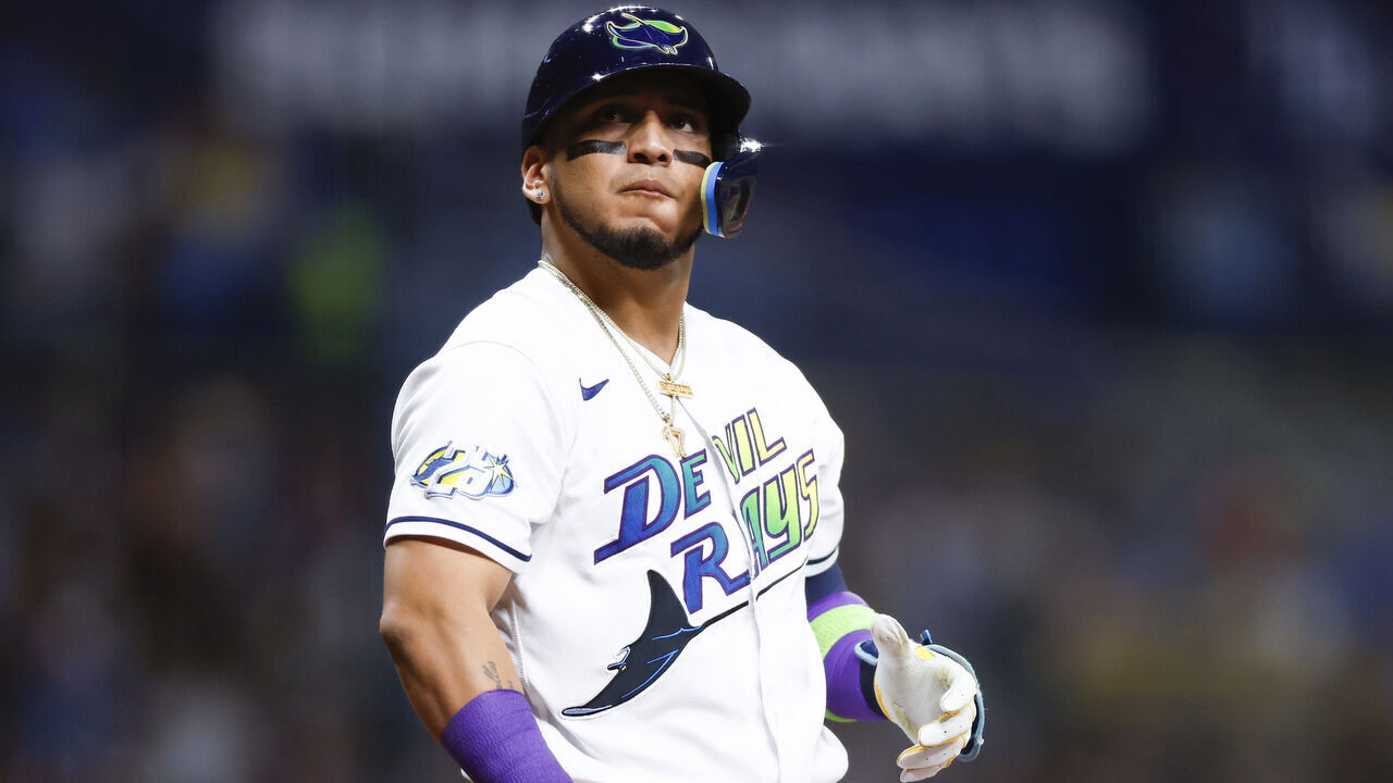 ST PETERSBURG, FLORIDA - SEPTEMBER 08: Isaac Paredes #17 of the Tampa Bay Rays reacts during the third inning against the Seattle Mariners at Tropicana Field on September 08, 2023 in St Petersburg, Florida.