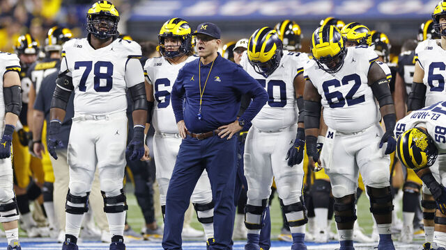 INDIANAPOLIS, IN - DECEMBER 2: Michigan Wolverines head coach Jim Harbaugh looks on before the Big Ten Championship Game against the Iowa Hawkeyes on December 2, 2023 at Lucas Oil Stadium in Indianapolis, Indiana.