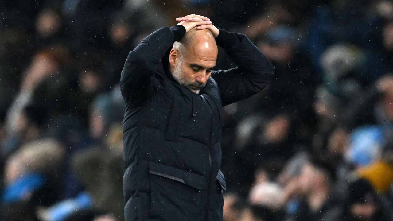 MANCHESTER, ENGLAND - DECEMBER 03: Pep Guardiola, Manager of Manchester City, reacts during the Premier League match between Manchester City and Tottenham Hotspur at Etihad Stadium on December 03, 2023 in Manchester, England.