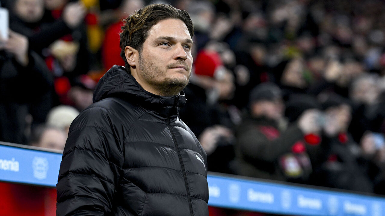 LEVERKUSEN, GERMANY - DECEMBER 3: Head coach Edin Terzic of Borussia Dortmund looks on prior to the Bundesliga soccer match between Bayer 04 Leverkusen and Borussia Dortmund at BayArena on December 3, 2023 in Leverkusen, Germany.
