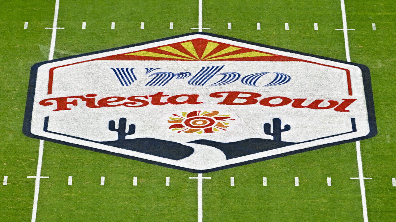 GLENDALE, ARIZONA - DECEMBER 31: A general view of the VRBO Fiesta Bowl logo on the 50 yard line before the College Football Playoff Semifinal Fiesta Bowl football game between the Michigan Wolverines and the TCU Horned Frogs at State Farm Stadium on December 31, 2022 in Glendale, Arizona.