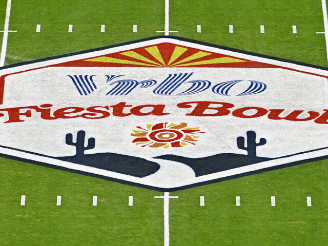 GLENDALE, ARIZONA - DECEMBER 31: A general view of the VRBO Fiesta Bowl logo on the 50 yard line before the College Football Playoff Semifinal Fiesta Bowl football game between the Michigan Wolverines and the TCU Horned Frogs at State Farm Stadium on December 31, 2022 in Glendale, Arizona.