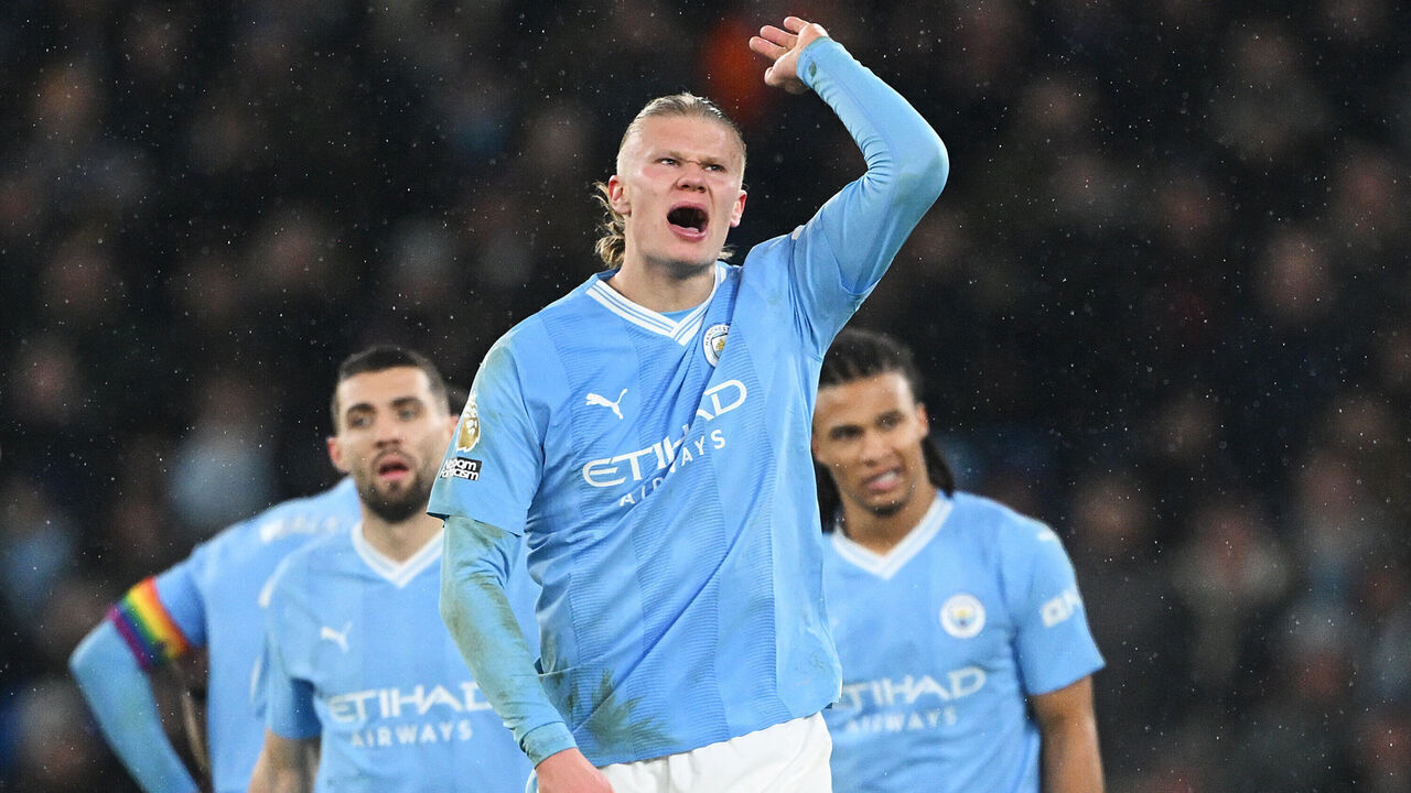 MANCHESTER, ENGLAND - DECEMBER 03: Erling Haaland of Manchester City reacts at full-time following the Premier League match between Manchester City and Tottenham Hotspur at Etihad Stadium on December 03, 2023 in Manchester, England.