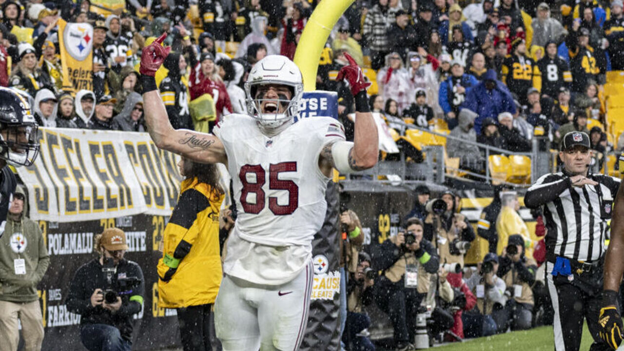 PITTSBURGH, PA - DECEMBER 03: Arizona Cardinals tight end Trey McBride (85) celebrates after making a touchdown in the first half of the game between the Pittsburgh Steelers and the Arizona Cardinals at Acrisure Stadium in Pittsburgh, PA on December 3, 2023.