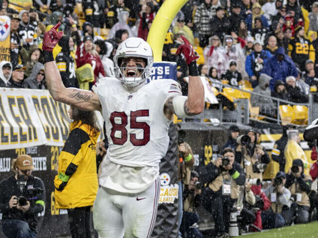 PITTSBURGH, PA - DECEMBER 03: Arizona Cardinals tight end Trey McBride (85) celebrates after making a touchdown in the first half of the game between the Pittsburgh Steelers and the Arizona Cardinals at Acrisure Stadium in Pittsburgh, PA on December 3, 2023.