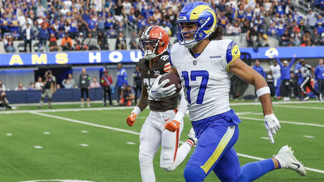 INGLEWOOD, CALIFORNIA - DECEMBER 03: Puka Nacua #17 of the Los Angeles Rams runs with the ball in the first quarter against the Cleveland Browns at SoFi Stadium on December 03, 2023 in Inglewood, California.
