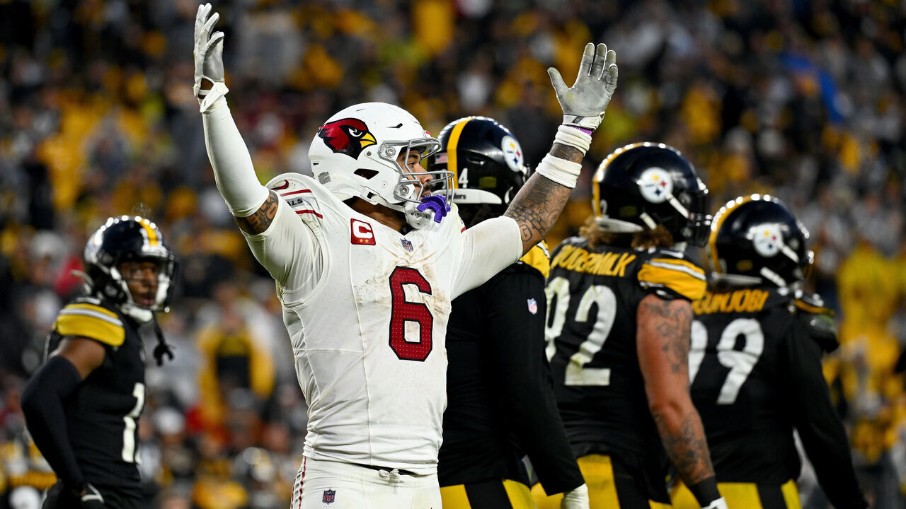 PITTSBURGH, PENNSYLVANIA - DECEMBER 03: James Conner #6 of the Arizona Cardinals celebrates after a touchdown during the fourth quarter in the game against the Pittsburgh Steelers at Acrisure Stadium on December 03, 2023 in Pittsburgh, Pennsylvania.