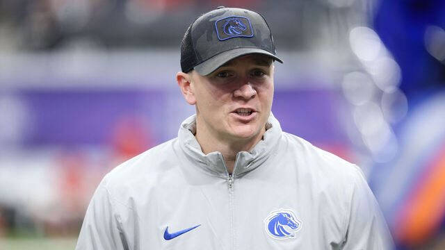 LAS VEGAS, NEVADA - DECEMBER 02: Interim head coach Spencer Danielson of the Boise State Broncos looks onprior to a game against the UNLV Rebels during the Mountain West Football Championship at Allegiant Stadium on December 02, 2023 in Las Vegas, Nevada.