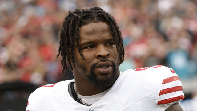 JACKSONVILLE, FL - NOVEMBER 12: Dre Greenlaw #57 of the San Francisco 49ers on the sideline before the game against the Jacksonville Jaguars at EverBank Stadium on November 12, 2023 in Jacksonville, Florida. The 49ers defeated the Jaguars 34-3.