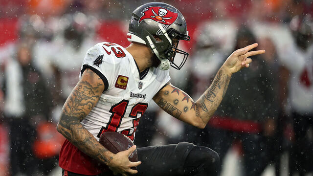 TAMPA, FLORIDA - DECEMBER 03: Mike Evans #13 of the Tampa Bay Buccaneers reacts after a first down reception against the Carolina Panthers during the first half at Raymond James Stadium on December 03, 2023 in Tampa, Florida.