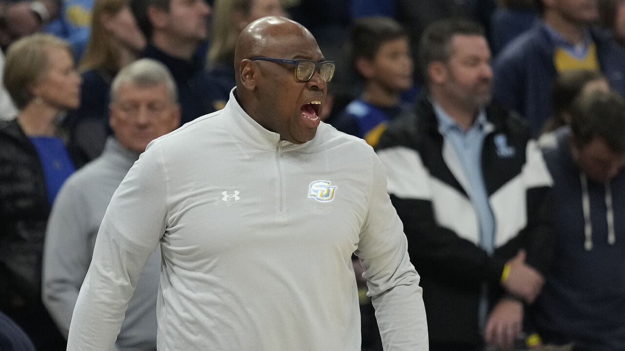 MILWAUKEE, WISCONSIN - NOVEMBER 28: Head coach Kevin Johnson of the Southern University Jaguars reacts in the first half against the Marquette Golden Eagles at Fiserv Forum on November 28, 2023 in Milwaukee, Wisconsin.