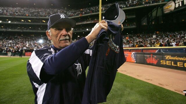 DETROIT - OCTOBER 14: Manager Jim Leyland of the Detroit Tigers celebrates on the field after defeating the Oakland Athletics in Game Four of the American League Championship Series on October 14, 2006 at Comerica Park in Detroit, Michigan. The Tigers defeated the Athletics 6-3 to win the series.
