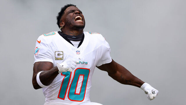 MIAMI GARDENS, FLORIDA - NOVEMBER 19: Tyreek Hill #10 of the Miami Dolphins takes the field prior to a game against the Las Vegas Raiders at Hard Rock Stadium on November 19, 2023 in Miami Gardens, Florida.