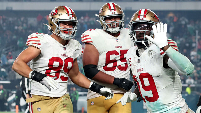 PHILADELPHIA, PENNSYLVANIA - DECEMBER 03: Deebo Samuel #19 of the San Francisco 49ers celebrates after a touchdown with Charlie Woerner #89 and Aaron Banks #65 during the fourth quarter in the game against the Philadelphia Eagles at Lincoln Financial Field on December 03, 2023 in Philadelphia, Pennsylvania.