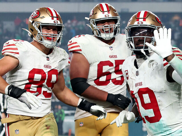 PHILADELPHIA, PENNSYLVANIA - DECEMBER 03: Deebo Samuel #19 of the San Francisco 49ers celebrates after a touchdown with Charlie Woerner #89 and Aaron Banks #65 during the fourth quarter in the game against the Philadelphia Eagles at Lincoln Financial Field on December 03, 2023 in Philadelphia, Pennsylvania.