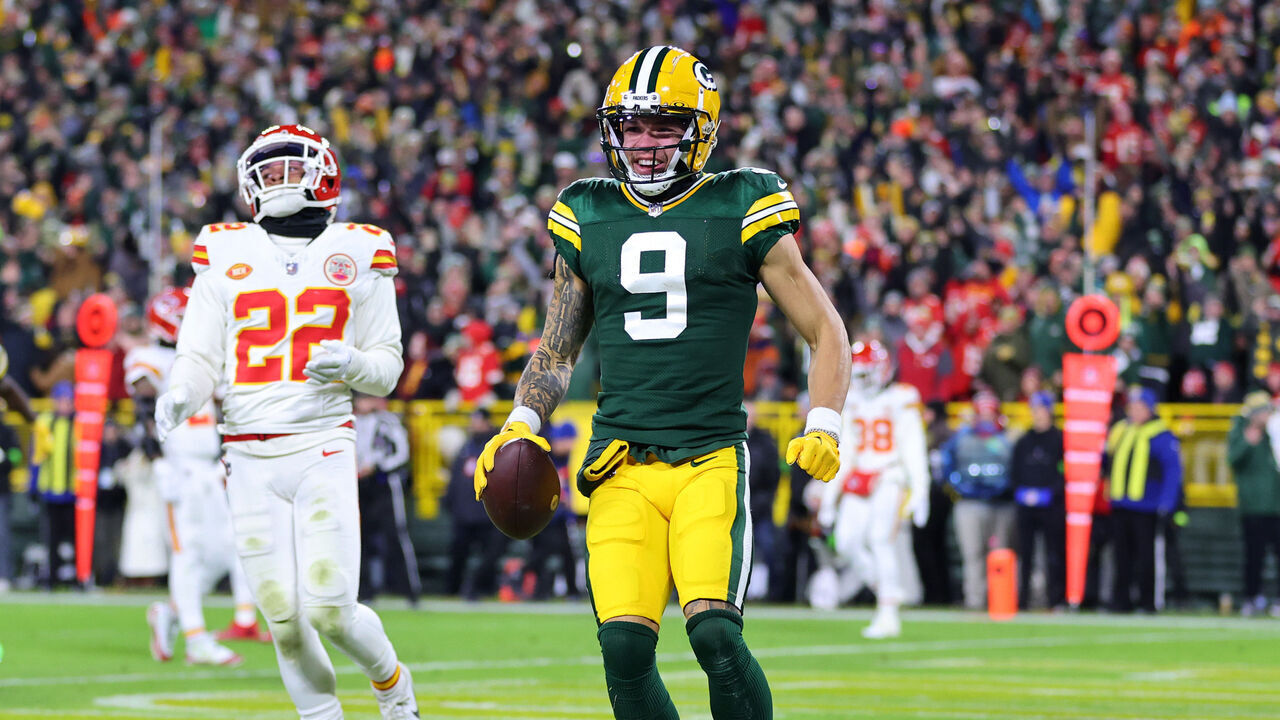 GREEN BAY, WISCONSIN - DECEMBER 03: Christian Watson #9 of the Green Bay Packers celebrates after scoring a touchdown during the second quarter against the Kansas City Chiefs at Lambeau Field on December 03, 2023 in Green Bay, Wisconsin.