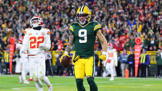 GREEN BAY, WISCONSIN - DECEMBER 03: Christian Watson #9 of the Green Bay Packers celebrates after scoring a touchdown during the second quarter against the Kansas City Chiefs at Lambeau Field on December 03, 2023 in Green Bay, Wisconsin.