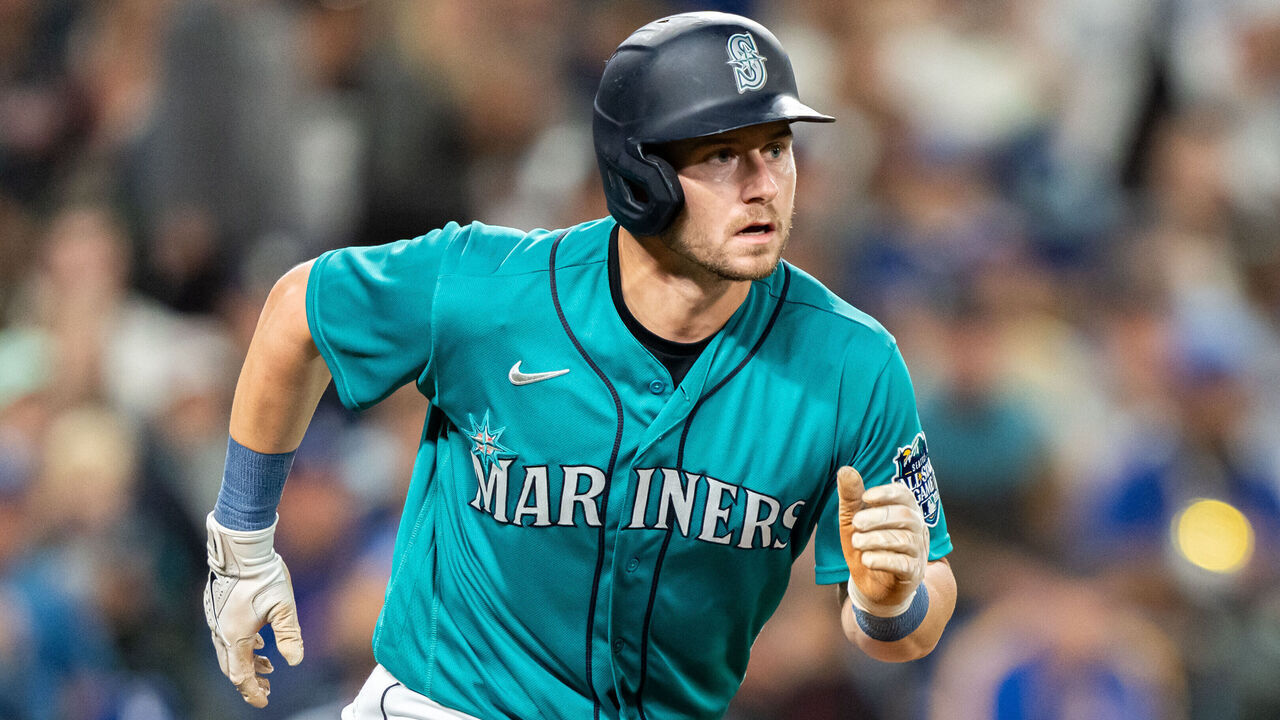 SEATTLE, WA - SEPTEMBER 16: Jarred Kelenic #10 of the Seattle Mariners runs towards first base during the game between the Los Angeles Dodgers and the Seattle Mariners at T-Mobile Park on Saturday, September 16, 2023 in Seattle, Washington.