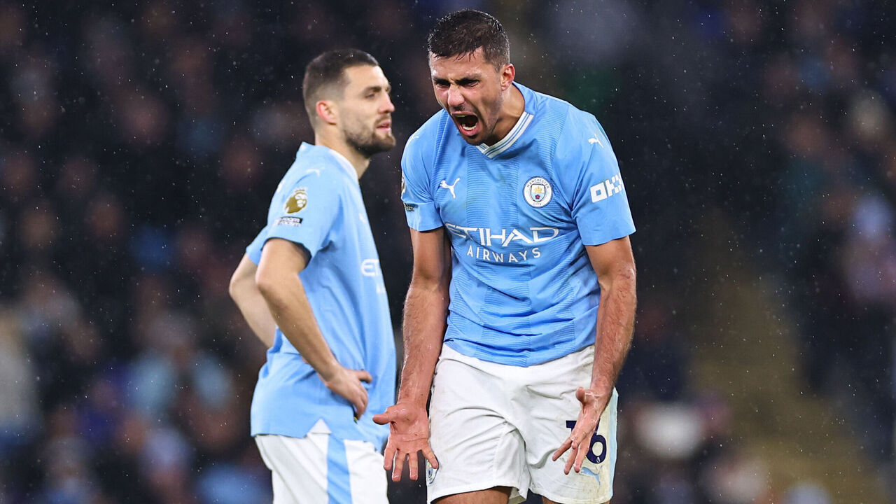 MANCHESTER, ENGLAND - DECEMBER 3: Rodri of Manchester City reacts during the Premier League match between Manchester City and Tottenham Hotspur at Etihad Stadium on December 3, 2023 in Manchester, England.