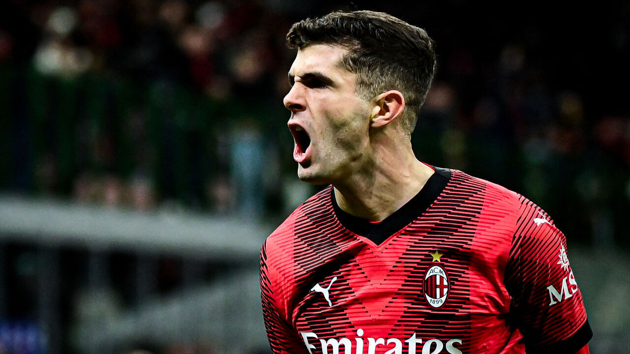 AC Milan's American forward #11 Christian Pulisic reacts after scoring his team's second goal during the Serie A football match between AC Milan and Frosinone at San Siro stadium in Milan, on December 2, 2023.