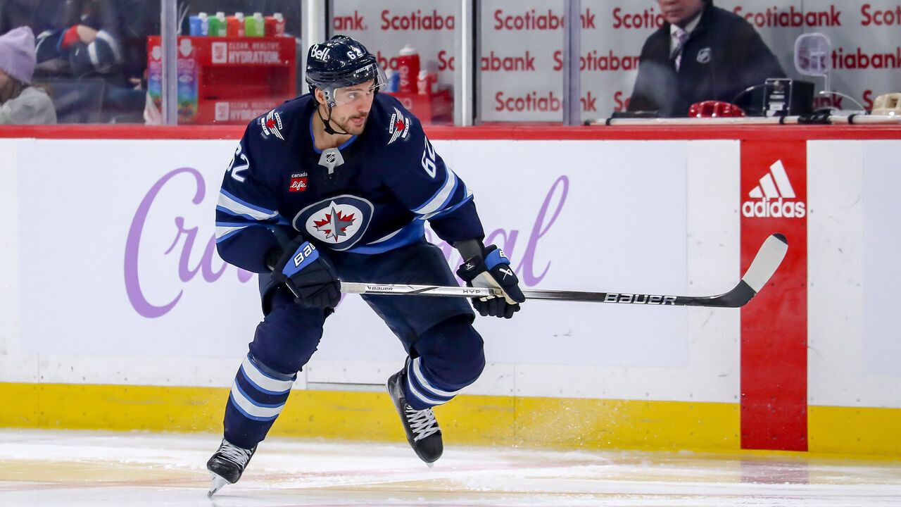 WINNIPEG, CANADA - NOVEMBER 28: Nino Niederreiter #62 of the Winnipeg Jets follows the play down the ice during third period action against the Dallas Stars at the Canada Life Centre on November 28, 2023 in Winnipeg, Manitoba, Canada. The Stars shutout the Jets 2-0.