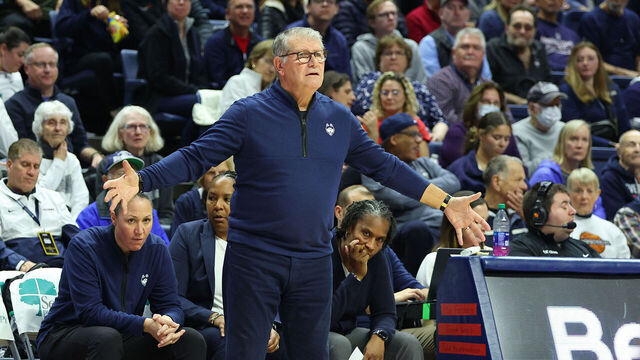 STORRS, CT - NOVEMBER 16: UConn Huskies head coach Geno Auriemma reacts during a college basketball game between Maryland Terrapins and UConn Huskies on November 16, 2023, at Harry A. Gampel Pavilion in Storrs, CT.