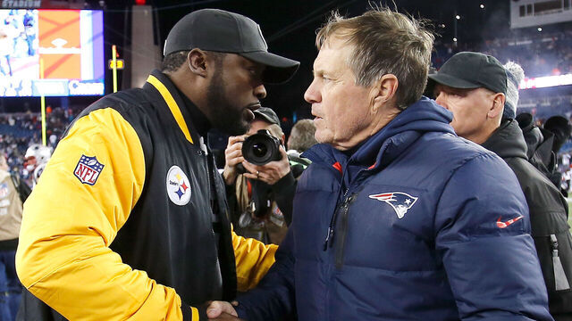 FOXBORO, MA - NOVEMBER 3: Bill Belichick of the New England Patriots shakes hands with Mike Tomlin of the Pittsburgh Steelers after their game at Gillette Stadium on November 3, 2013 in Foxboro, Massachusetts.