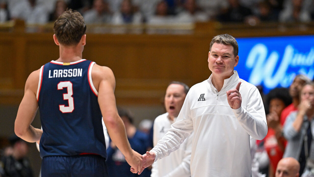 DURHAM, NORTH CAROLINA - NOVEMBER 10: Head coach Tommy Lloyd of the Arizona Wildcats gestures to the officials during the second half of the game against the Duke Blue Devils at Cameron Indoor Stadium on November 10, 2023 in Durham, North Carolina. Arizona won 78-73.