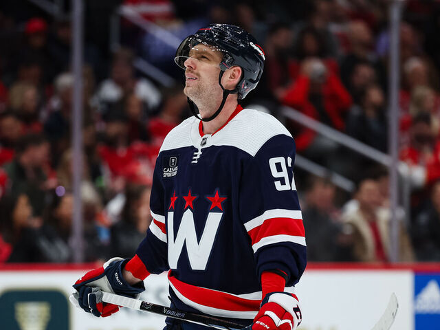 WASHINGTON, DC - NOVEMBER 08: Evgeny Kuznetsov #92 of the Washington Capitals reacts against the Florida Panthers during the second period of the game at Capital One Arena on November 8, 2023 in Washington, DC.
