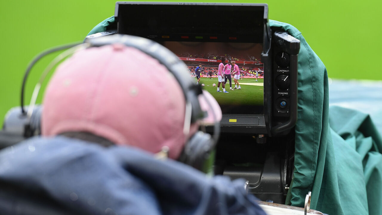 TV camera man focuses on the Forest players warming up ahead of the Premier League match between Nottingham Forest and Luton Town at the City Ground, Nottingham on Saturday 21st October 2023.
